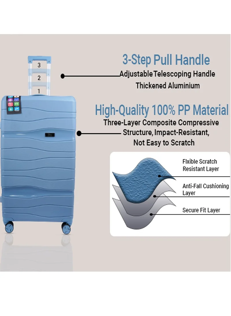 MNUK Viajero Set of 3 Luggage | PP Material Hard-side Smooth and comfortable Luggage Trolley with TSA Lock | Double 360° 4 Wheeler| Cabin, Medium, Large| Blue