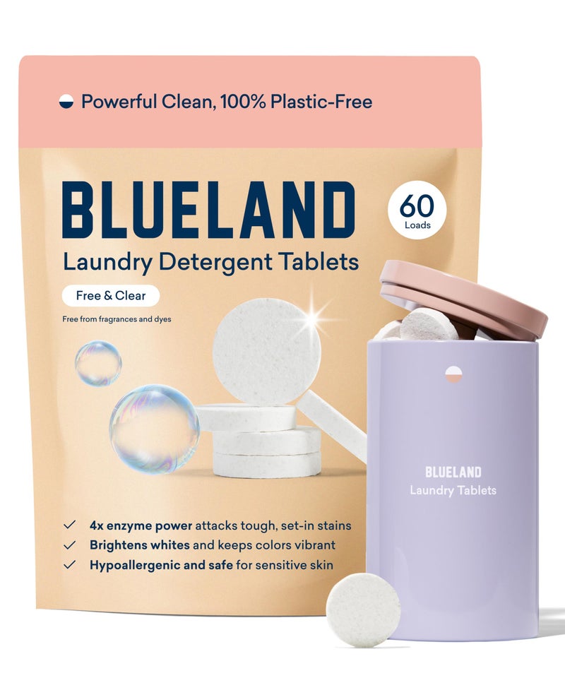BLUELAND Laundry Detergent Tablets, Starter Set, 60 Count with Tin, Plastic-Free Eco-Friendly Pods, Sheets, Liquid Alternative - Fragrance Free and Clear, Natural, Gentle - Image 1
