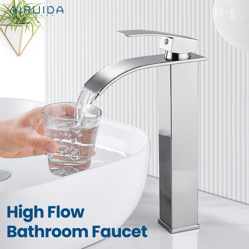 Airuida Tall Bathroom Vessel Faucet Chrome Polish Waterfall Bathroom Single Handle Single Hole Deck Mount Bowl Mixer Tap With Large Waterfall Spout Bar Sink Faucet Lavatory Vanity - Image 2