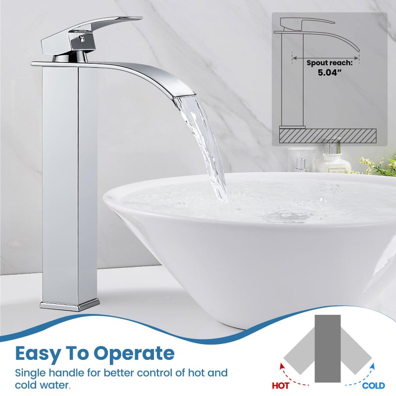 Airuida Tall Bathroom Vessel Faucet Chrome Polish Waterfall Bathroom Single Handle Single Hole Deck Mount Bowl Mixer Tap With Large Waterfall Spout Bar Sink Faucet Lavatory Vanity - Image 3