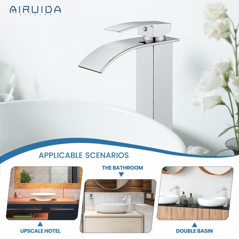 Airuida Tall Bathroom Vessel Faucet Chrome Polish Waterfall Bathroom Single Handle Single Hole Deck Mount Bowl Mixer Tap With Large Waterfall Spout Bar Sink Faucet Lavatory Vanity - Image 5
