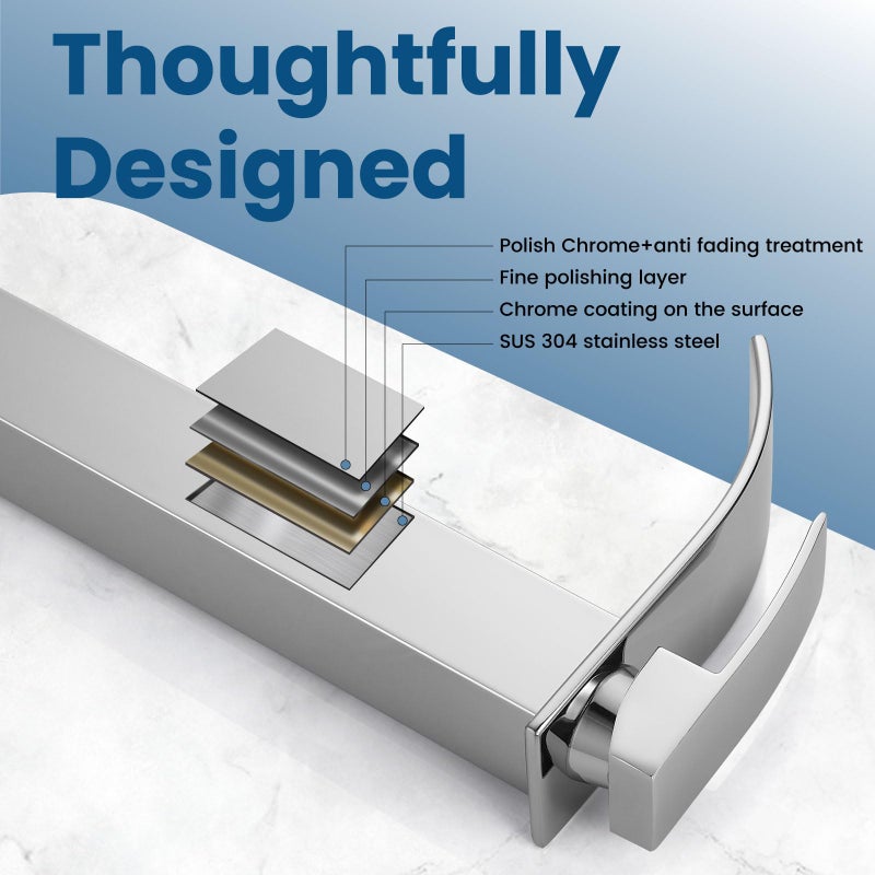 Airuida Tall Bathroom Vessel Faucet Chrome Polish Waterfall Bathroom Single Handle Single Hole Deck Mount Bowl Mixer Tap With Large Waterfall Spout Bar Sink Faucet Lavatory Vanity - Image 4