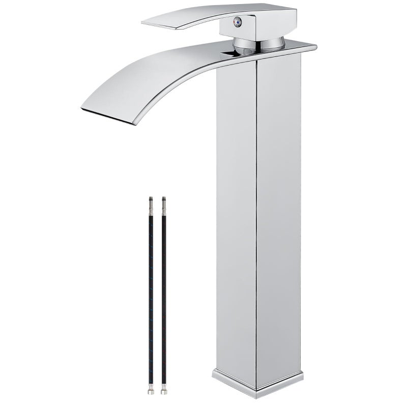 Airuida Tall Bathroom Vessel Faucet Chrome Polish Waterfall Bathroom Single Handle Single Hole Deck Mount Bowl Mixer Tap With Large Waterfall Spout Bar Sink Faucet Lavatory Vanity - Image 1