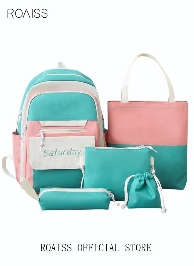 roaiss - Letter Graphic Colorblock Backpack Set Large Capacity School Bags Shoulder Sweet Totes Pencil Case for Kids Girls Middle School Students - Image 1