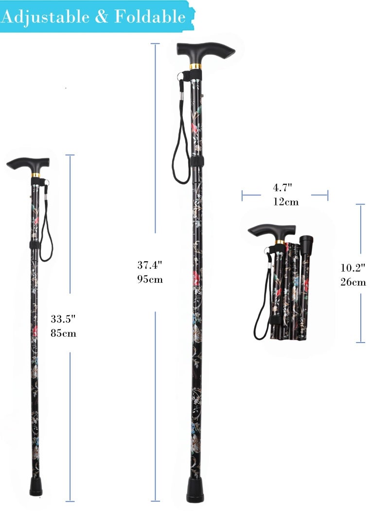 Comfkey Folding Lightweight Walking Stick - Adjustable Aluminum Metal Collapsible Travel Cane with Non-Slip Rubber Base (Black Floral) - Image 3