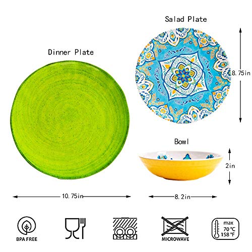 Topmela Melamine Dinnerware Set 12 Pcs Durable Dishware Colorful Plate Bowl Set Dishwasher Safe Shatter Proof Chip Resistant Not Microware Not Oven (Multicolor) - Image 2