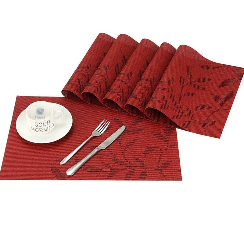 Leeonz Polyester Easy to Clean NonSlip Heat Resistant Dining Table Mats Washable Crossweave Woven Vinyl PVC Placemats Red 45 cm x 30 cm Set of 6pcs - Image 1