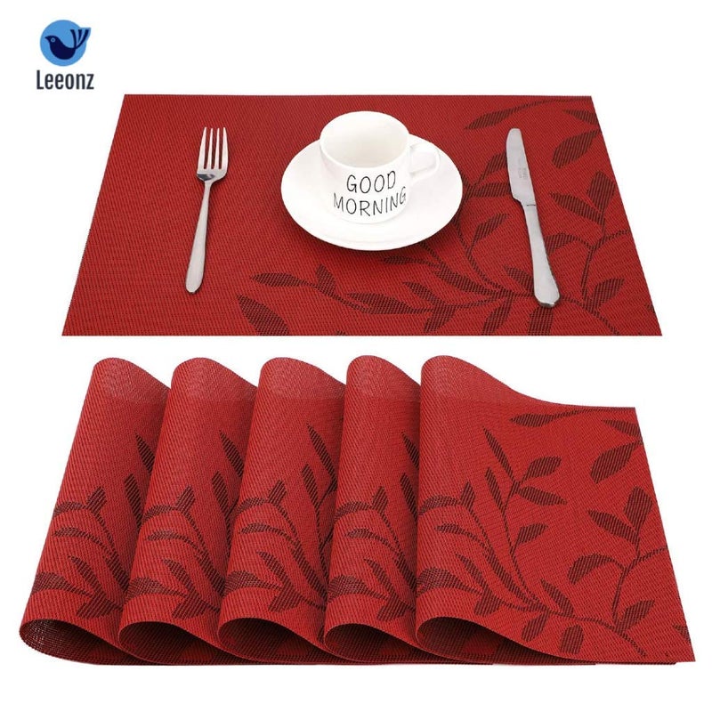Leeonz Polyester Easy to Clean NonSlip Heat Resistant Dining Table Mats Washable Crossweave Woven Vinyl PVC Placemats Red 45 cm x 30 cm Set of 6pcs - Image 2
