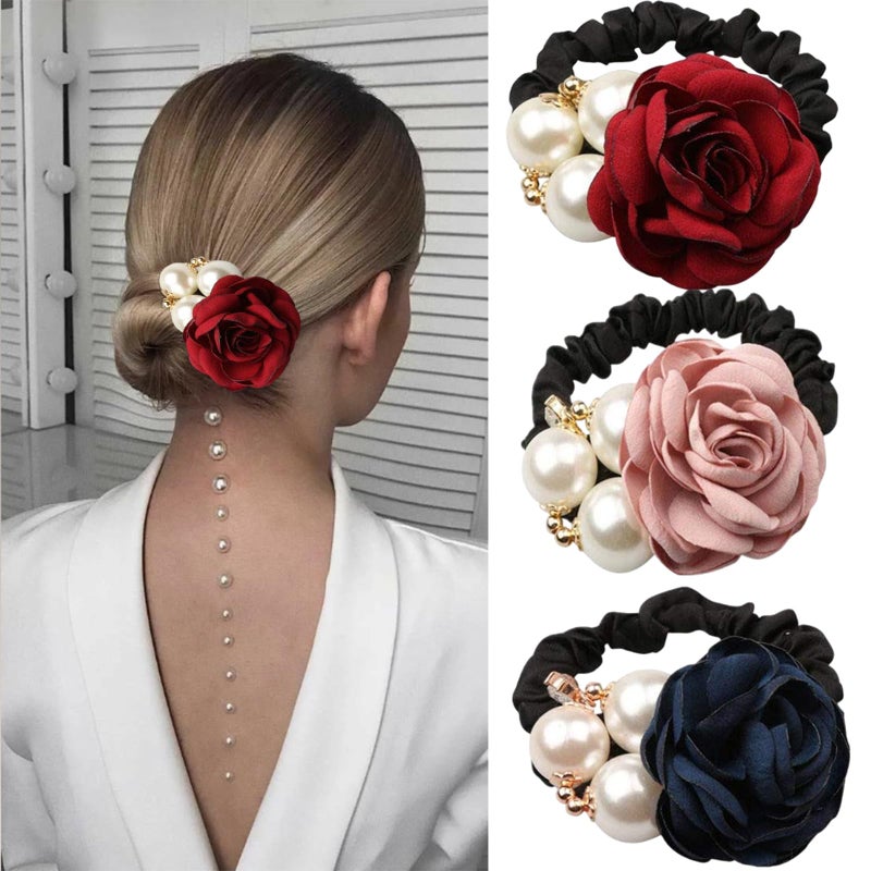 3 Pcs Rose Pearl Hair Ties Flower Rhinestone Black Elastic Ropes Korean Fashion Scrunchies Bands Ponytail Holder Handmade Boho Accessories for Women