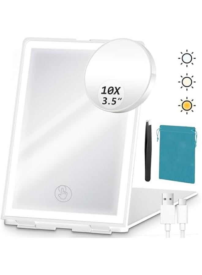 عربست مرآة مكياج مضيئة محمولة مع مرآة تكبير 10 مرات وملقط، مرآة مكتب قابلة للطي مدمجة محمولة قابلة للشحن بـ 72 مصباح LED و 3 أوضاع إضاءة مختلفة، مرآة مكياج LED قابلة للتعتيم بشاشة لمسية. - Image 1