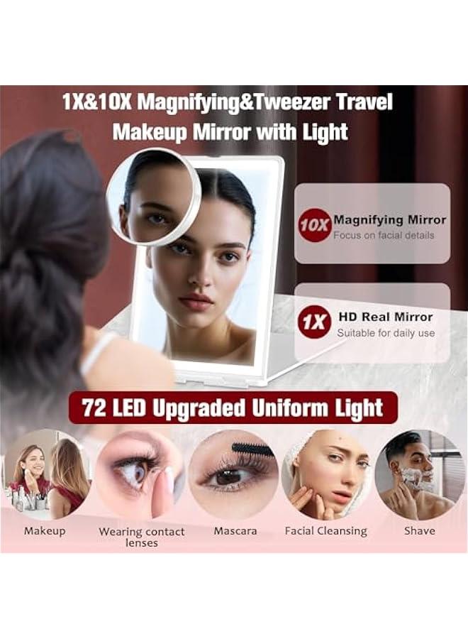 عربست مرآة مكياج مضيئة محمولة مع مرآة تكبير 10 مرات وملقط، مرآة مكتب قابلة للطي مدمجة محمولة قابلة للشحن بـ 72 مصباح LED و 3 أوضاع إضاءة مختلفة، مرآة مكياج LED قابلة للتعتيم بشاشة لمسية. - Image 4