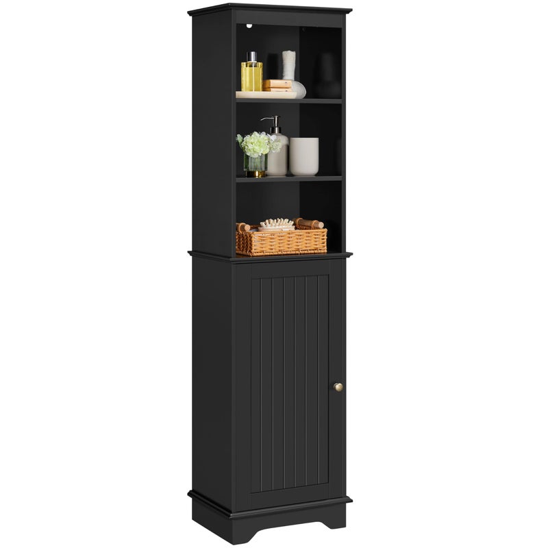 Yaheetech 605 Freestanding Bathroom Storage Cabinet Tall Slim Floor Cabinet with 3 Shelves Door Space Saving Organizer Home Storage Furniture Black