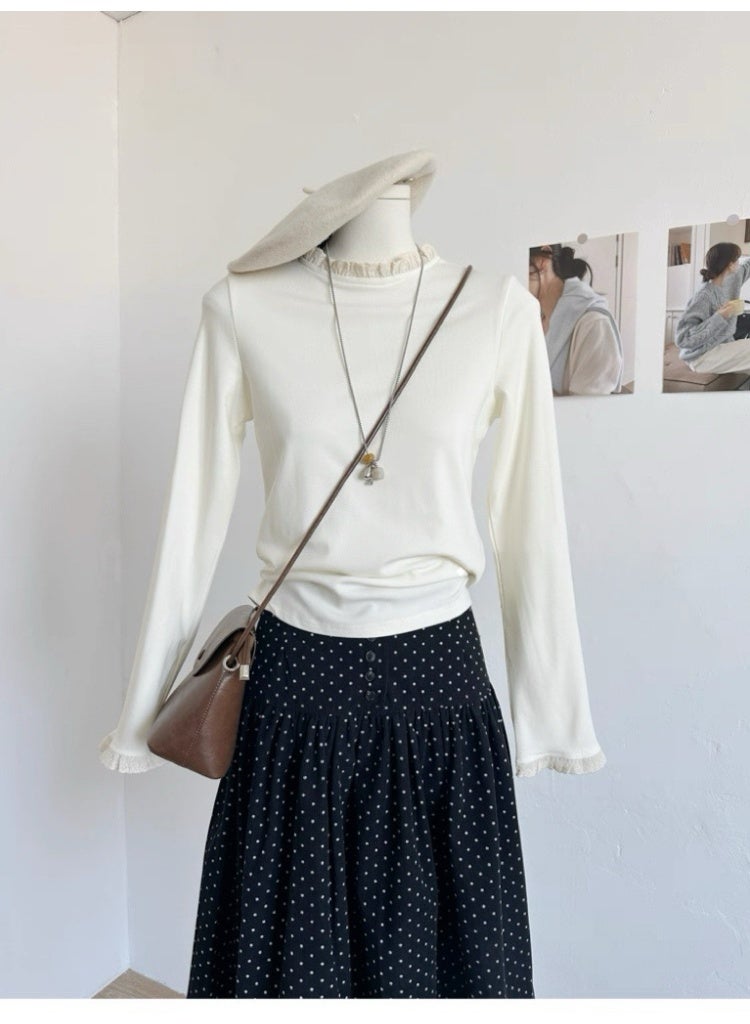 قمصان نسائية أساسية بأكمام طويلة مزينة بالدانتيل، مريحة ولطيفة على البشرة، ملابس داخلية ضيقة، بلوزات ناعمة ومطاطية برقبة دائرية، تصميم كلاسيكي وبسيط ضيق، قطع أساسية متعددة الاستخدامات، مناسبة لمختلف المناسبات، أبيض - Image 1