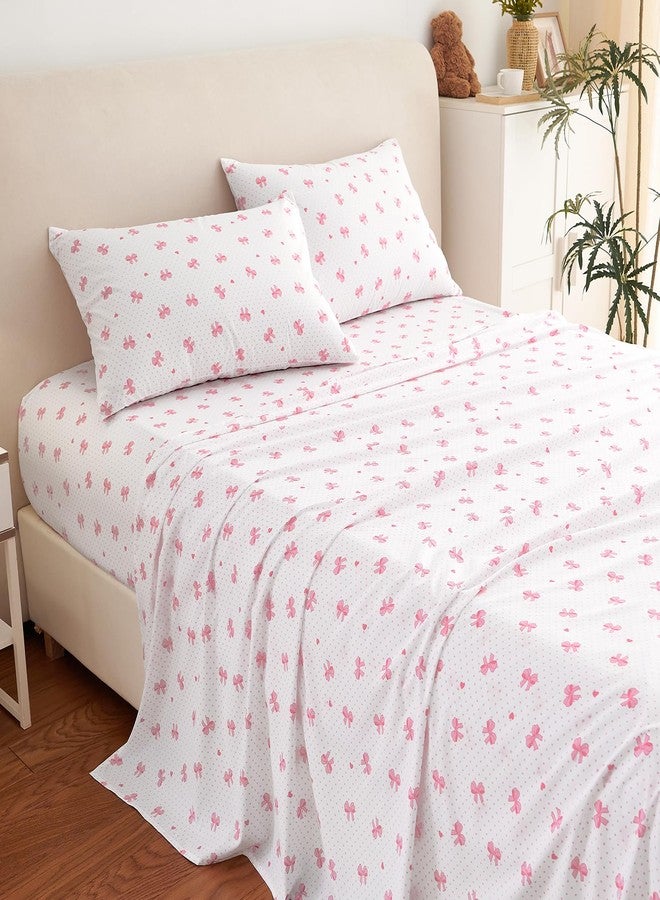 Nayoroom Twin Sheet Set - Cute Pink Bow Bed Sheets Set for Kids Girls, 3 Pieces Soft Microfiber Heart Bed Set with 1 Deep Pocket Fitted Sheet, 1 Flat Sheet, 1 Pillowcase - Image 2