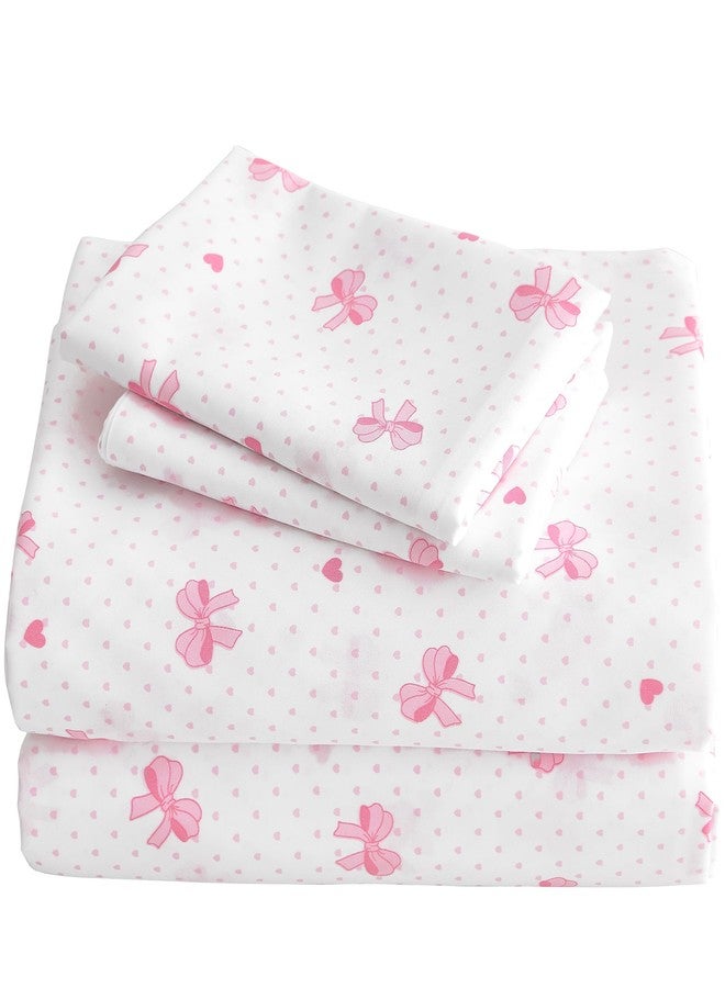 Nayoroom Twin Sheet Set - Cute Pink Bow Bed Sheets Set for Kids Girls, 3 Pieces Soft Microfiber Heart Bed Set with 1 Deep Pocket Fitted Sheet, 1 Flat Sheet, 1 Pillowcase - Image 1