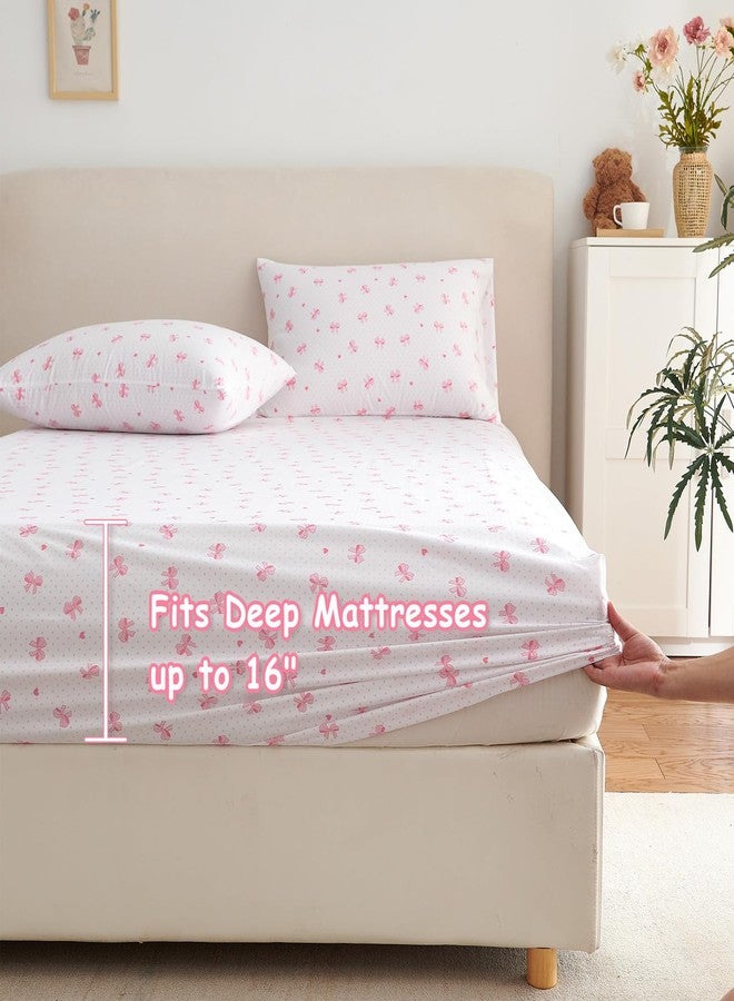 Nayoroom Twin Sheet Set - Cute Pink Bow Bed Sheets Set for Kids Girls, 3 Pieces Soft Microfiber Heart Bed Set with 1 Deep Pocket Fitted Sheet, 1 Flat Sheet, 1 Pillowcase - Image 5
