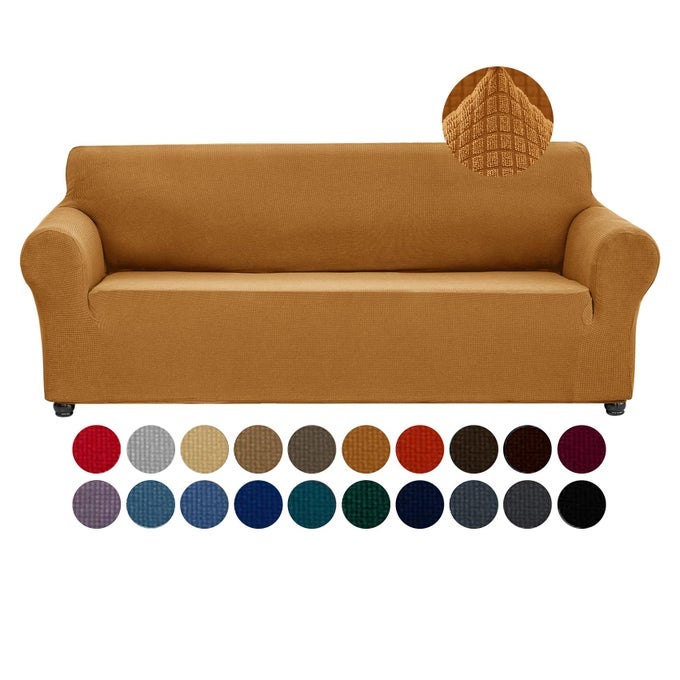 Stretch Couch Cover Slipcovers 1Piece Sofa Covers for 3 Cushion Couch Spandex Jacquard Washable Furniture Protector Cover for Living RoomKidsPetsSofaGold