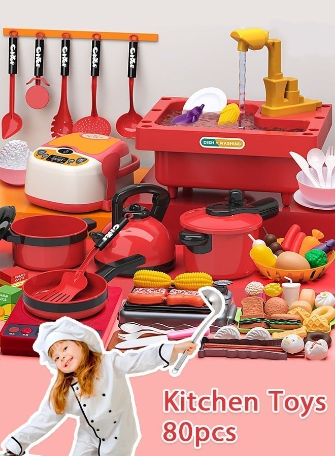 80Pcs Kids Kitchen Toy Accessories, Play Food Sets for Kids Kitchen Playset  with Cookware Steam Pressure Pot and Induction Cooktop, Cooking Utensils, Preschool Learning Education Toys for Toddlers, Birthday Gifts for Girls - Image 2