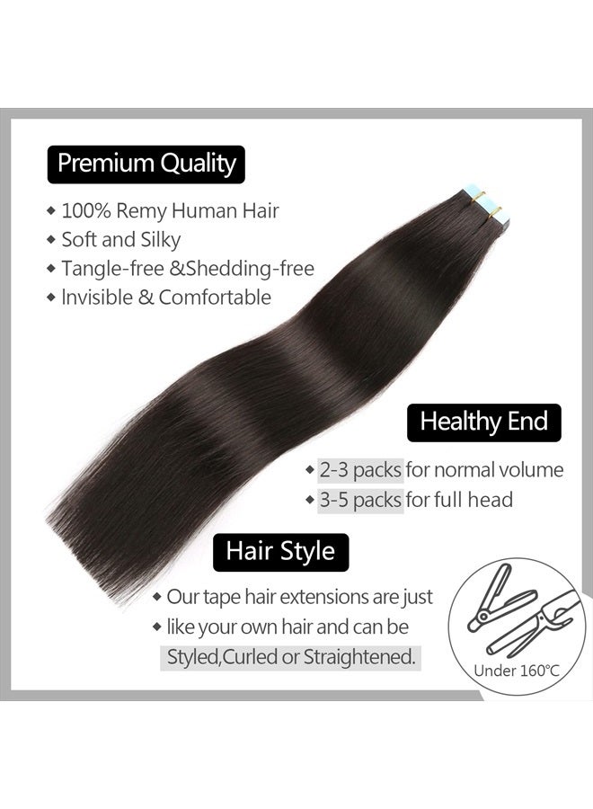 Sunya Tape in Hair Extensions 20 inches Silky Straight Remy Human Hair Seamless Skin Weft Tape in Human Hair Extensions 20 inches #1B Natural Black 50 Gram 20Pcs/Pack Thick Hair - Image 2