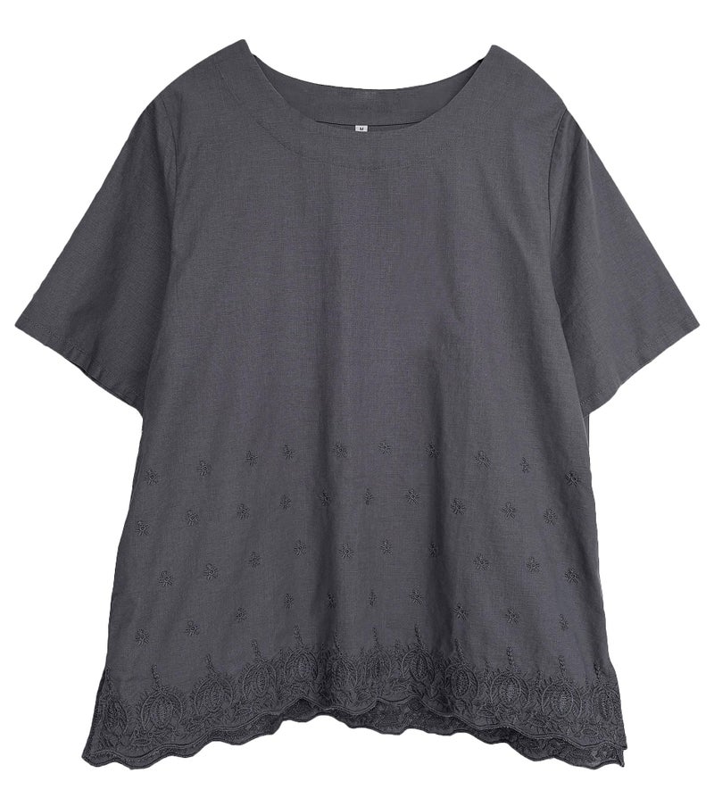 Minibee Women's Summer Linen Tunic Shirt High Low Hem Embroidery Blouse Top Gray XL - Image 5