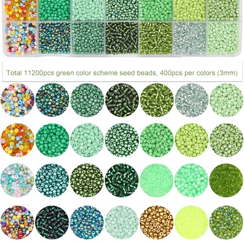 JOJOPLAY 11200pcs Glass Seed Beads for DIY Crafting Bracelet Necklace Embroidery Jewelry Making Supplies (3mm, 400pcs/Color, 28 Colors, Green Scheme) - Image 2