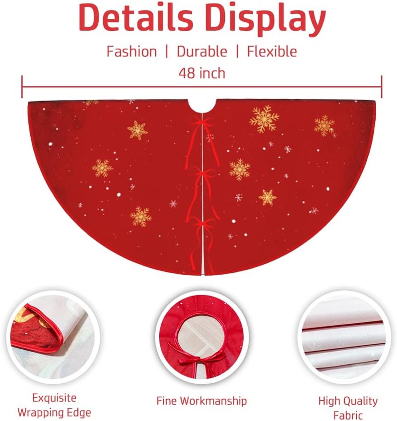 Rahase Christmas Tree Skirt Red and Gold Christmas Decorations - Xmas Tree Skirt Mat with Santa Claus Snowflake Pattern for Indoor Outdoor Merry Christmas Holiday Party Decor 48 Inches - Image 3