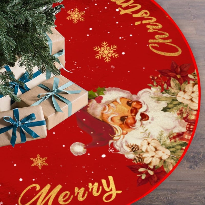 Rahase Christmas Tree Skirt Red and Gold Christmas Decorations - Xmas Tree Skirt Mat with Santa Claus Snowflake Pattern for Indoor Outdoor Merry Christmas Holiday Party Decor 48 Inches - Image 1