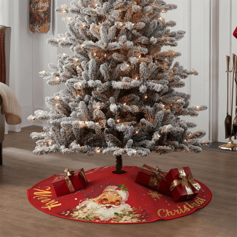 Rahase Christmas Tree Skirt Red and Gold Christmas Decorations - Xmas Tree Skirt Mat with Santa Claus Snowflake Pattern for Indoor Outdoor Merry Christmas Holiday Party Decor 48 Inches - Image 5