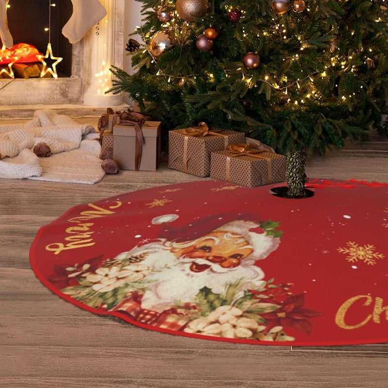 Rahase Christmas Tree Skirt Red and Gold Christmas Decorations - Xmas Tree Skirt Mat with Santa Claus Snowflake Pattern for Indoor Outdoor Merry Christmas Holiday Party Decor 48 Inches - Image 4