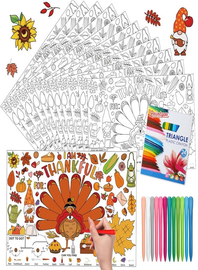 Tenceur 48 Pcs Thanksgiving Coloring Placemats Turkey Paper Placemats with Crayon Fall Disposable Table Mats Thankful Autumn Coloring Activity for Thanksgiving Fall Classroom DIY Craft Supplies - Image 1