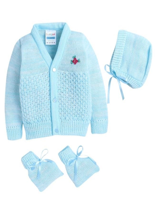 BUMZEE كنزة صوفية بأكمام طويلة للأولاد الصغار من BUMZEE باللون الأزرق الفاتح مع قبعة وجوارب، العمر من 3 إلى 6 أشهر (Peb10059C-abl) - Image 1