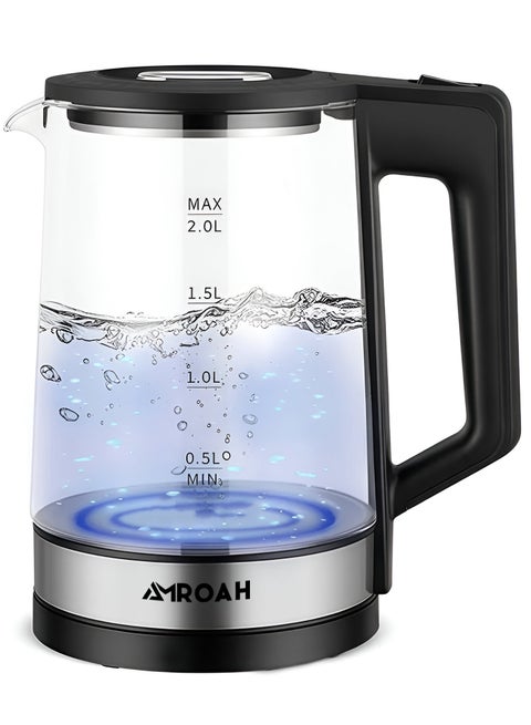 2.0L Glass Electric Kettle with Blue Indicator Light 1500W, 360° Rotating Base, Stainless Steel & Borosilicate Fast Boiling Capacity Hot Water Boiler Easy Cleaning with Water Level Gauge