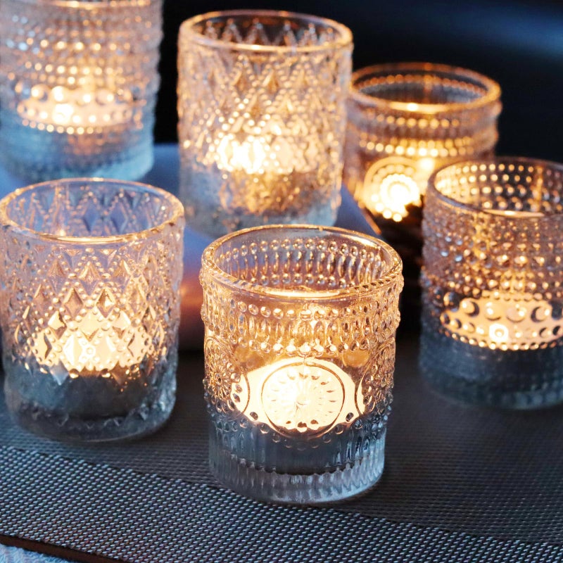 SHMILMH Clear Glass Votive Candle Holders, 12 pcs 3 Patterns Tealight Candle Holders for Wedding Table Centerpiece Birthday Party Thanksgiving Christmas Decoration - Image 1