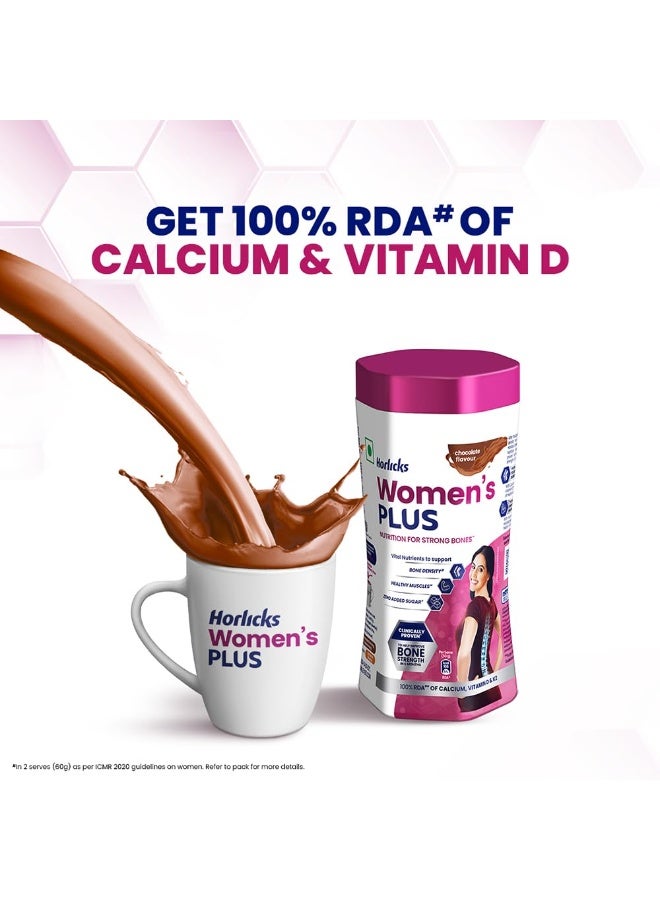 Horlicks Women's Plus Chocolate Nutrition Drink 400 g Jar, Nutrition for strong Bones with 100% daily Calcium & Vitamin D - No Added Sugar - Image 2