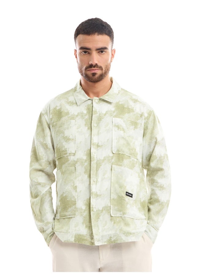 Beyoung White and Light Olive Shacket-Fit Shirt for Men  - Image 1