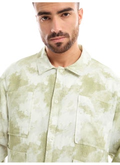 Beyoung White and Light Olive Shacket-Fit Shirt for Men  - Image 3