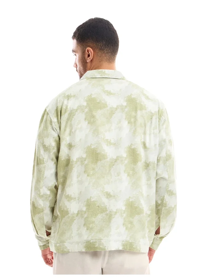 بيونغ White and Light Olive Shacket-Fit Shirt for Men