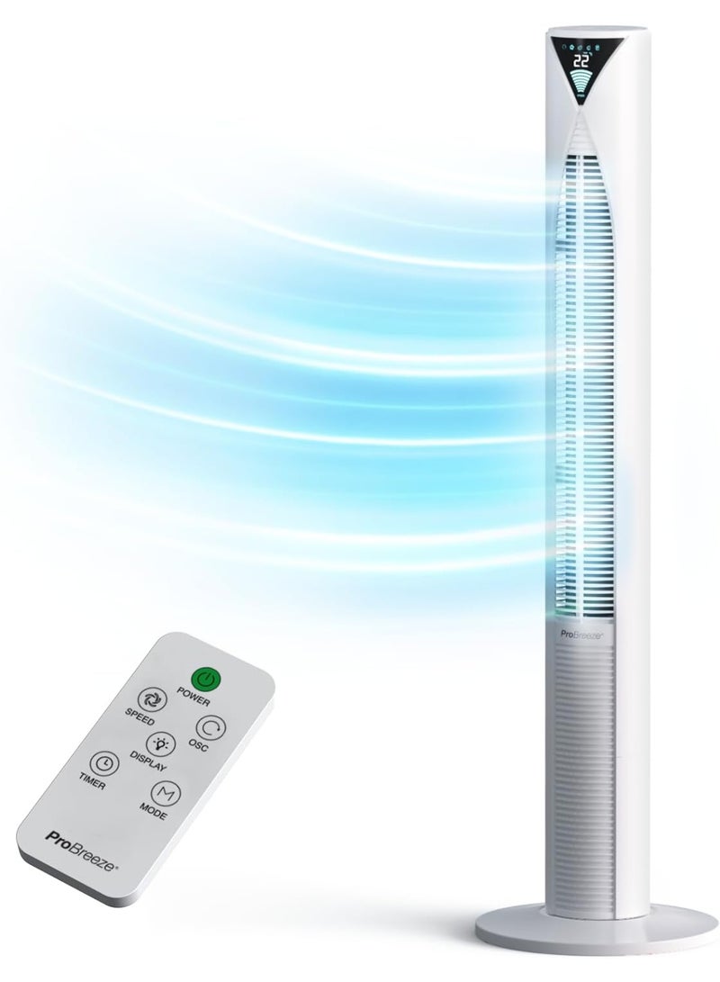 برو_بريز مروحة برجية صامتة من Pro Breeze (مستوى ضوضاء 20 ديسيبل) مع جهاز تحكم عن بُعد، ومحرك قوي وموفر للطاقة (45 واط)، و4 أوضاع تشغيل، ومؤقت لمدة 12 ساعة، وتصميم كبير بدون شفرات (ارتفاع 46 بوصة)، ووضع نوم متطور، وشاشة عرض أمامية، وخاصية التذبذب بزاوية 70 درجة. - Image 1