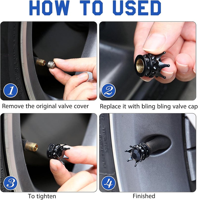 Frienda 4 Pieces Crown Tire Valve Stem Caps Bling Bling Sparkling Handmade Crystal Rhinestone Universal Chrome Crown Vehicle Car Tire Caps Covers Chrome, Attractive Dustproof Accessories for Car Auto (Black) - Image 4