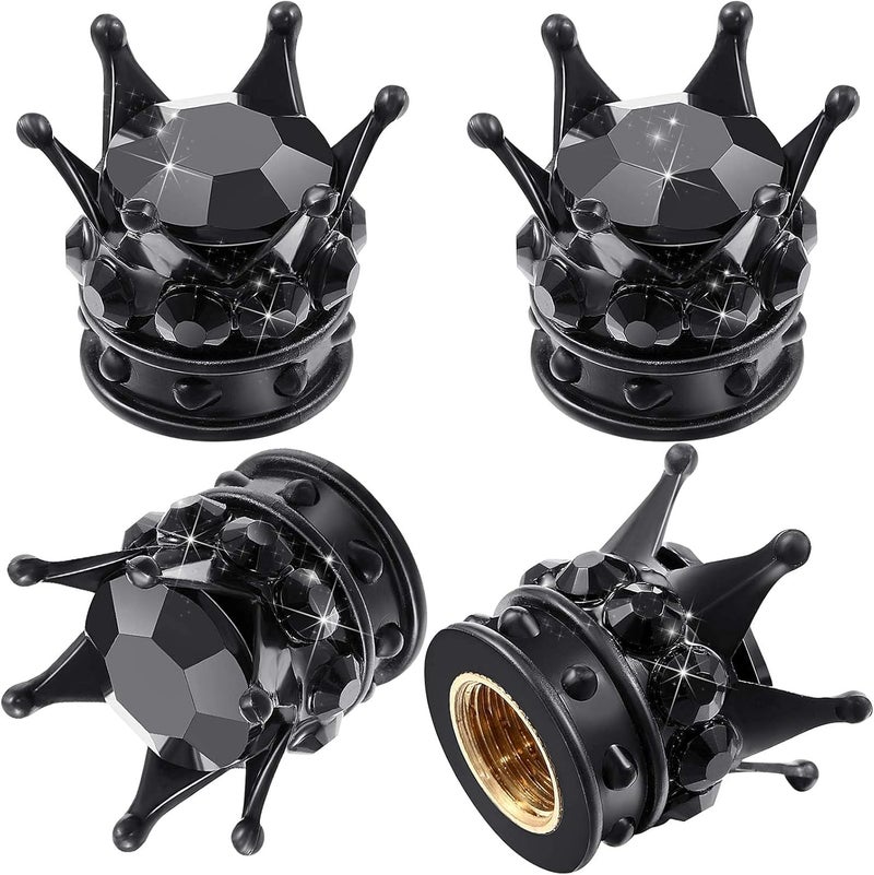 Frienda 4 Pieces Crown Tire Valve Stem Caps Bling Bling Sparkling Handmade Crystal Rhinestone Universal Chrome Crown Vehicle Car Tire Caps Covers Chrome, Attractive Dustproof Accessories for Car Auto (Black) - Image 1