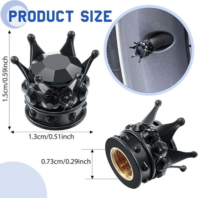 Frienda 4 Pieces Crown Tire Valve Stem Caps Bling Bling Sparkling Handmade Crystal Rhinestone Universal Chrome Crown Vehicle Car Tire Caps Covers Chrome, Attractive Dustproof Accessories for Car Auto (Black) - Image 2