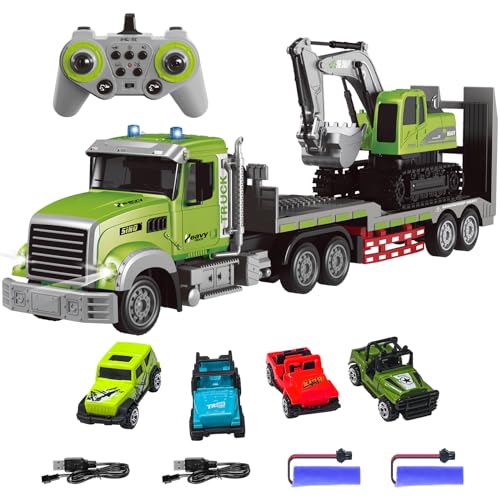 Fistone RC SemiTrailer Truck Excavator Toy Set 112 Scale with Sound and Lights 24Ghz Remote Control Flatbed Truck and Excavator Toys for Boys 612 Years Old - Image 1