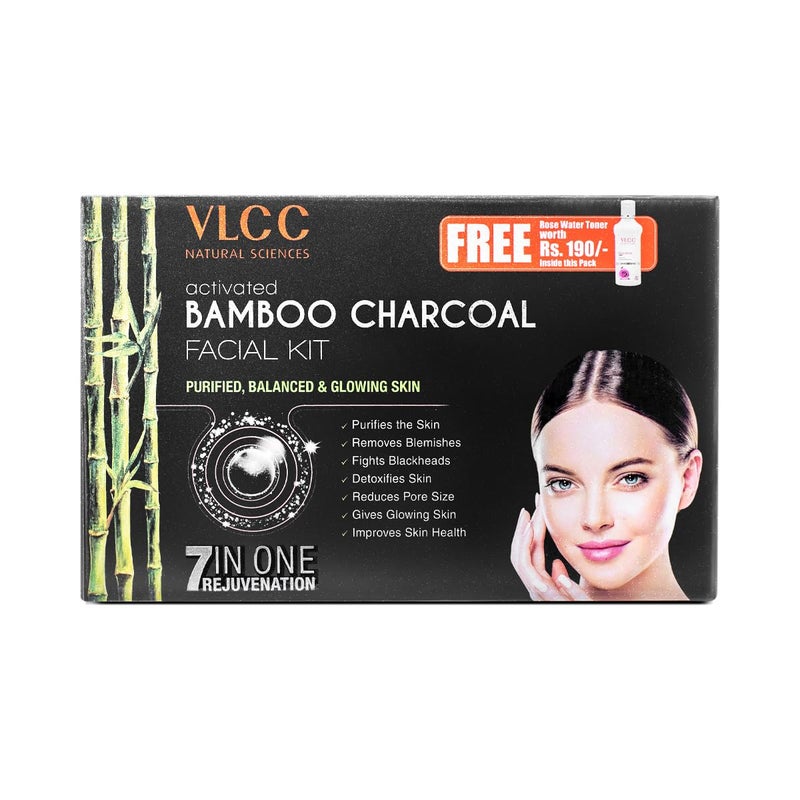 VLCC VLCC Activated Bamboo Charcoal Facial Kit with FREE Rose Water Toner 300g 100ml AntiBlemish Skin Purifying At Home Facial Kit AntiAcne Facial with Activated Bamboo Charcoal  - Image 1