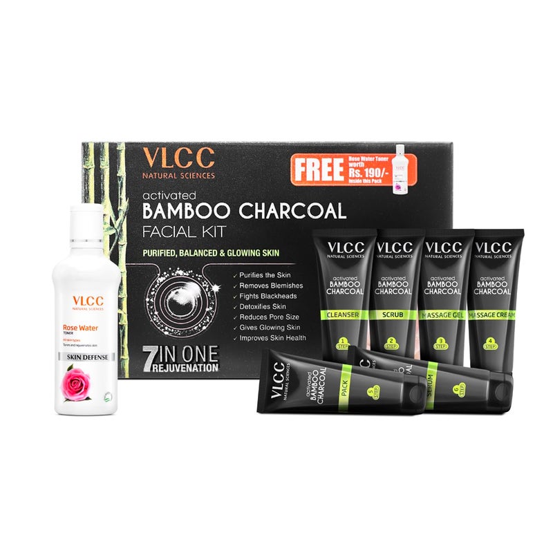 VLCC VLCC Activated Bamboo Charcoal Facial Kit with FREE Rose Water Toner 300g 100ml AntiBlemish Skin Purifying At Home Facial Kit AntiAcne Facial with Activated Bamboo Charcoal  - Image 2