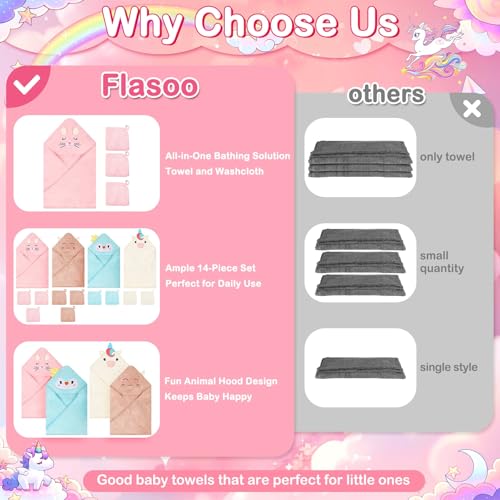 Flasoo 14 Pcs Baby Towel Set, Soft Baby Bath Towels and Washcloths Set, 4 Pcs 32x32 in Animal Hooded Bath Towel & 10 Pcs Baby Washcloths for Infants, Toddlers and Kids for Boys or Girls - Image 2