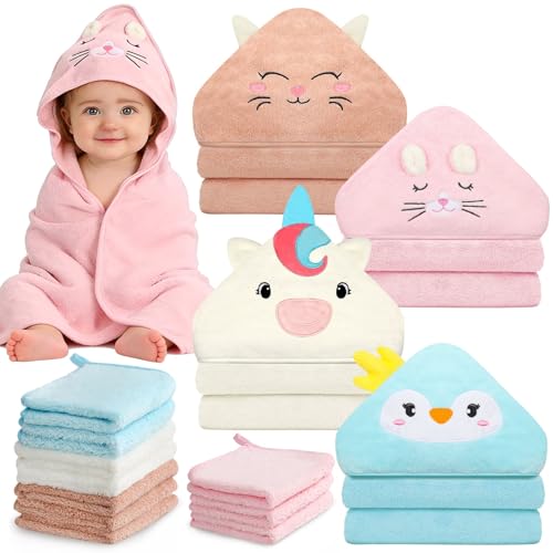 Flasoo 14 Pcs Baby Towel Set, Soft Baby Bath Towels and Washcloths Set, 4 Pcs 32x32 in Animal Hooded Bath Towel & 10 Pcs Baby Washcloths for Infants, Toddlers and Kids for Boys or Girls - Image 1