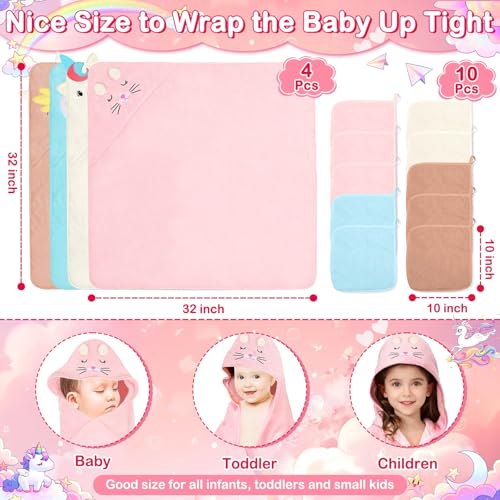 Flasoo 14 Pcs Baby Towel Set, Soft Baby Bath Towels and Washcloths Set, 4 Pcs 32x32 in Animal Hooded Bath Towel & 10 Pcs Baby Washcloths for Infants, Toddlers and Kids for Boys or Girls - Image 3