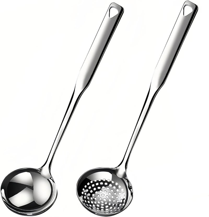 Hvanam Soup Ladle 18/10 Stainless Steel and Slotted Spoons with Holes 2 Pack Set,316 Metal Heavy Duty Deep Spoon Gravy Punch Ladles for Serving Soup,Gravy,Draining,Kitchen Cooking,Hot Pot(11.8inchs) - Image 1