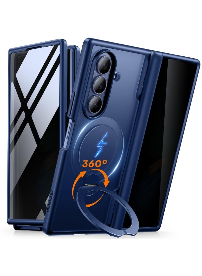 موبوسي حامل حلقي دوار لهاتف زد فولد 7 مع غطاء وواقي شاشة للخصوصية، متوافق مع MagSafe، غطاء نحيف مغناطيسي مقاوم للصدمات لهاتف سامسونج جالاكسي زد فولد 7، باللون الأزرق - Image 1