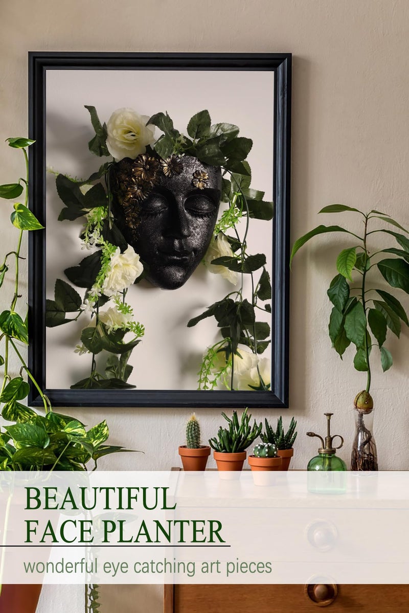 KOXHERO Face Shape Wall Planter Elegant Black Resin Wall-Mounted Head Pot with Drainage Hole Unique Small Vase Holder for Flower,Succulents, Hanging Plants for Plant Lovers - Image 3